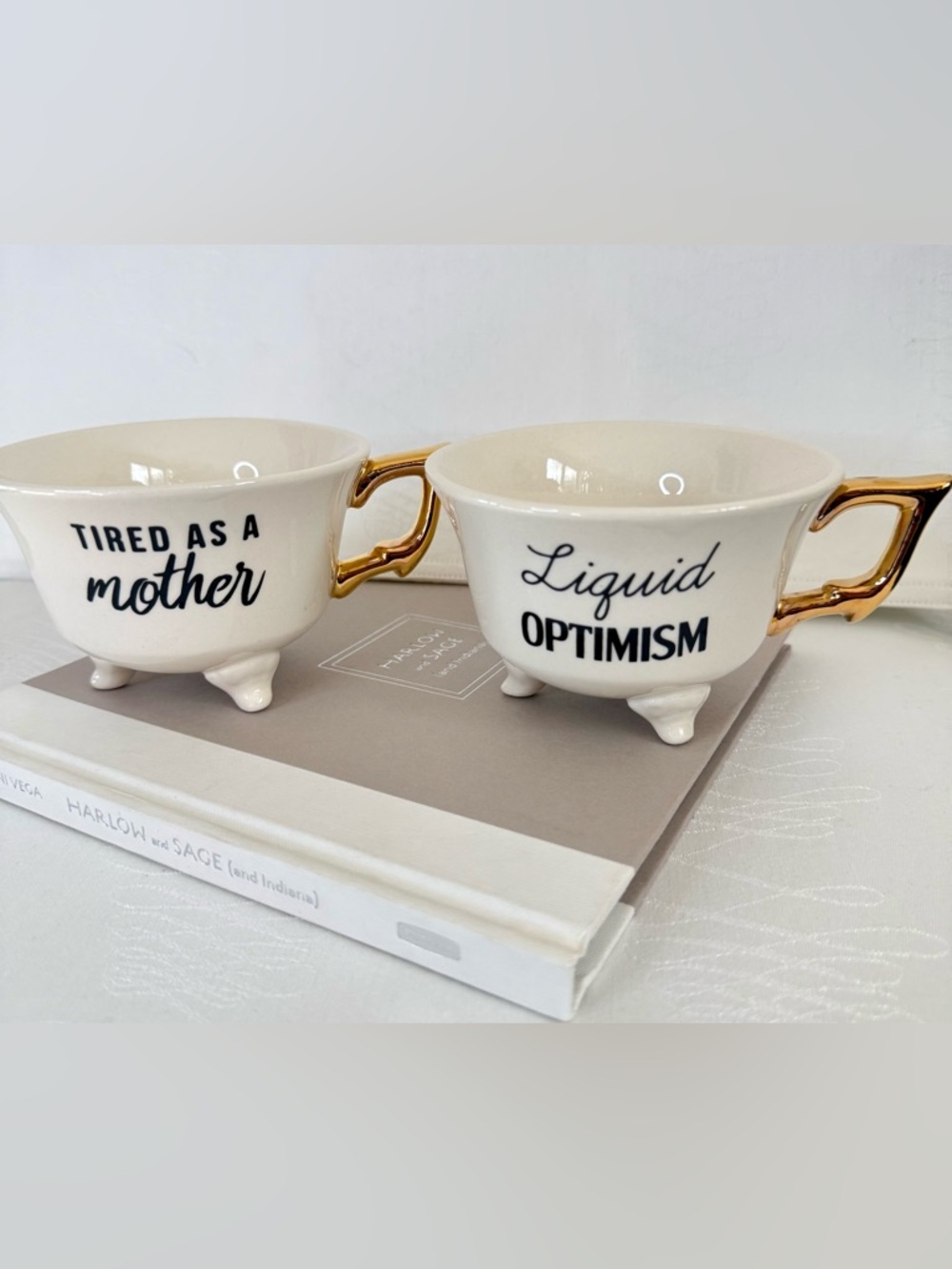 Funny Coffee Mug Set of 2 Tired As A Mother Liquid Optimism Gold Handle
